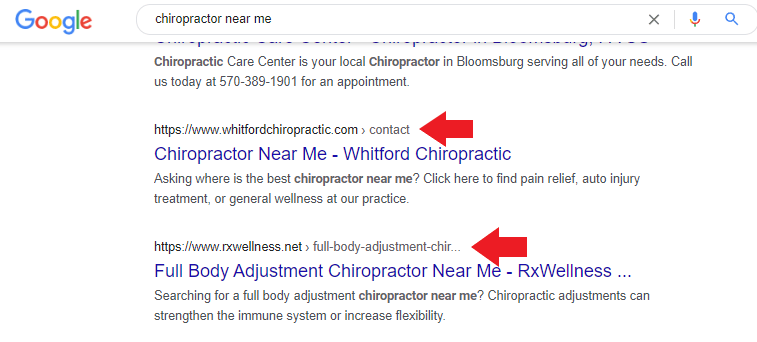 Arrow pointing at URL slugs of a chiropractic website