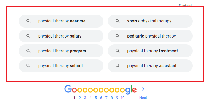 Google's related search terms for the keyword "physical therapy"