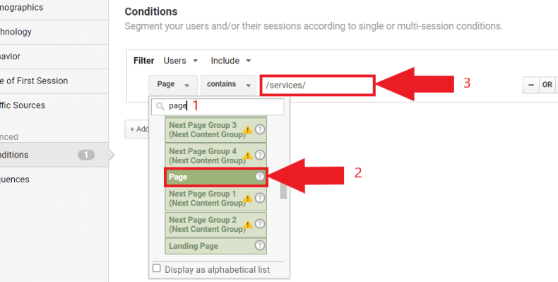 Select a condition for your remarketing audience