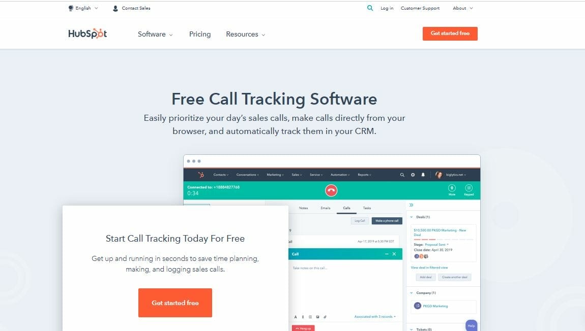 Homepage of Hubspot's call tracking software