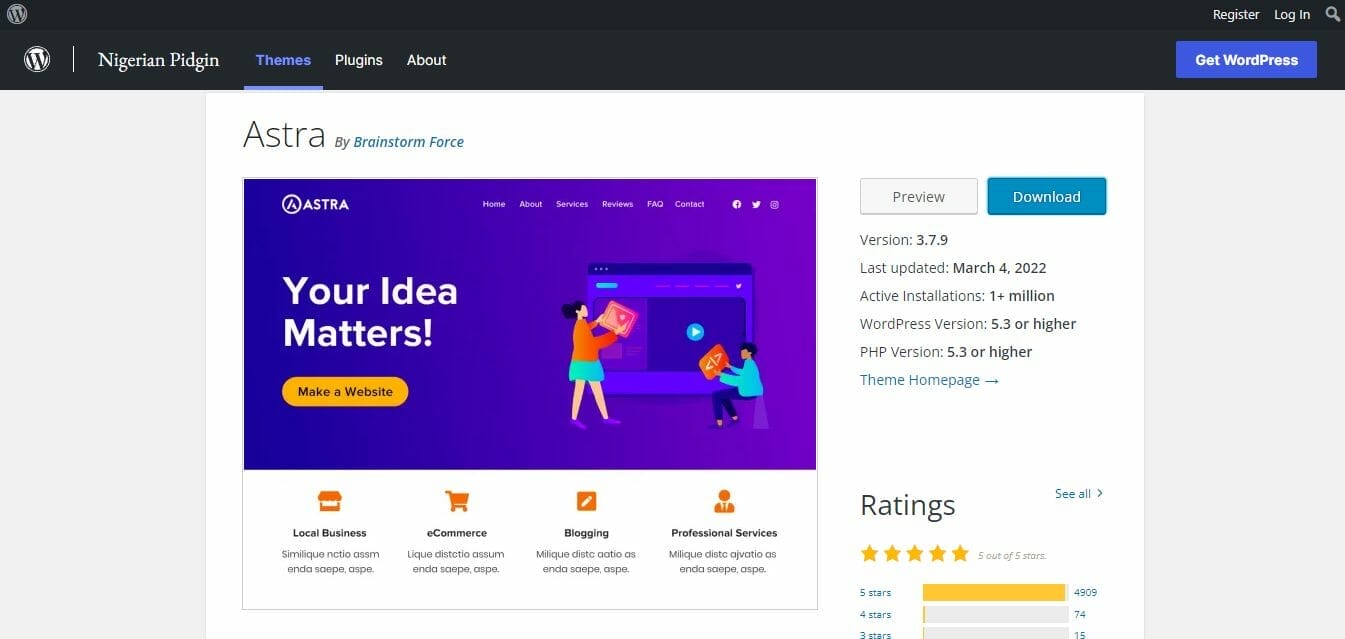 WordPress theme named Astra