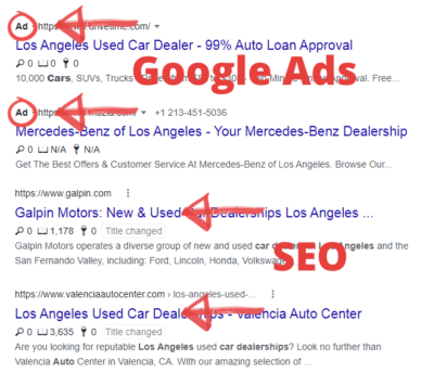 Examples of Google Ads versus Organic results