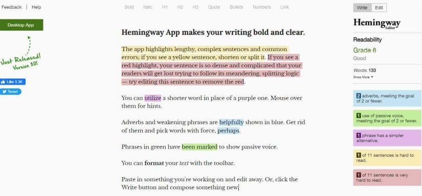 Content marketing tool named Hemingway Editor