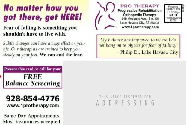 Back part of sample postcard on promoting a physical therapy clinic