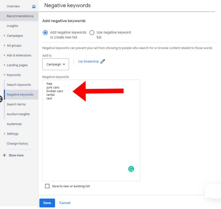 negative keywords examples