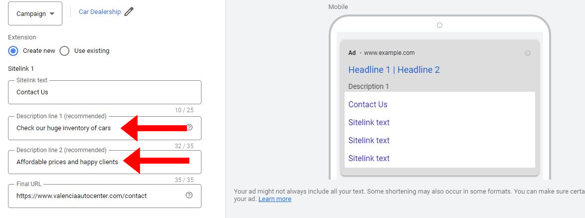 sitelink description sample