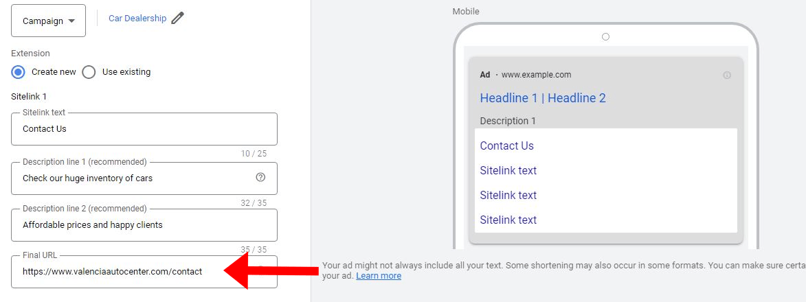 sitelink final url sample