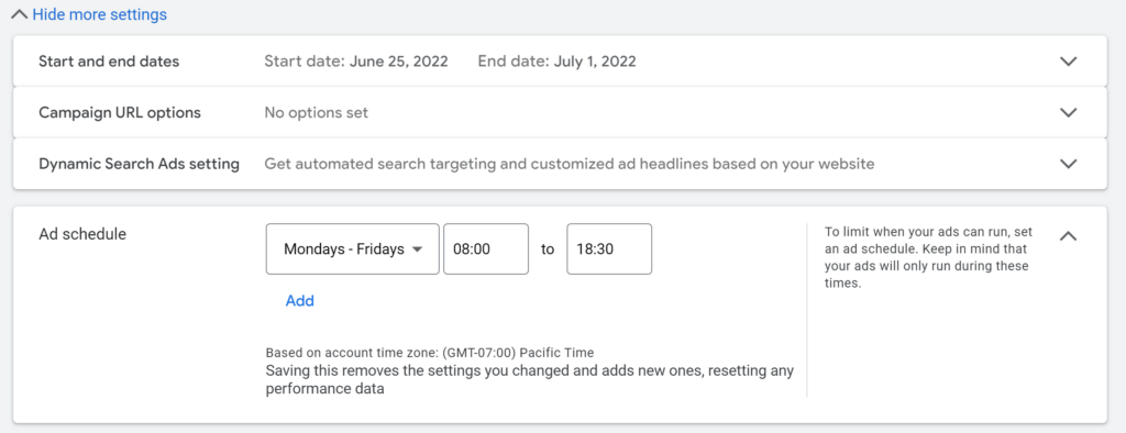 Date setting for Google Ads for house cleaning