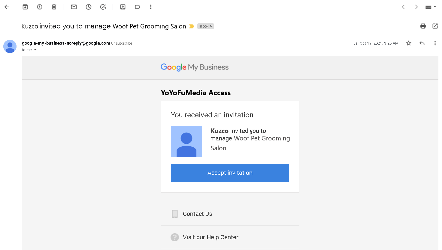Google My Business user invite