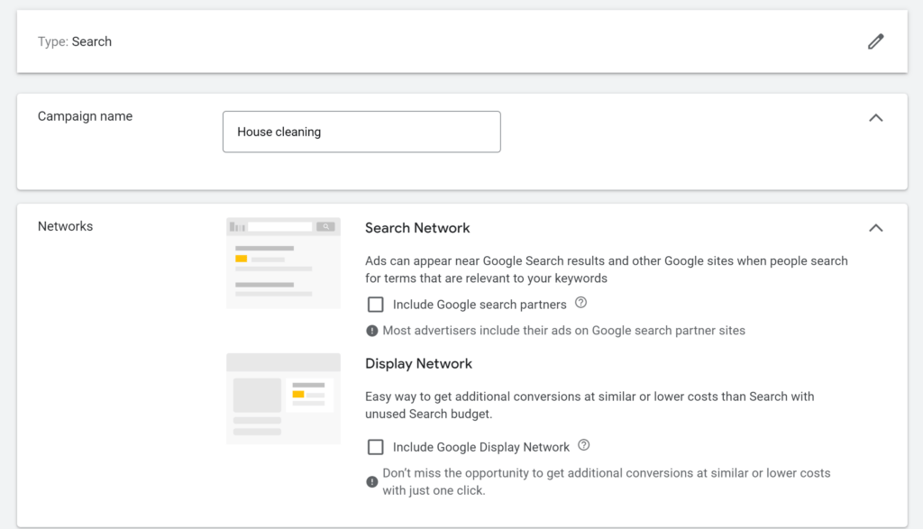 General Setting for Google Ads for House Cleaning