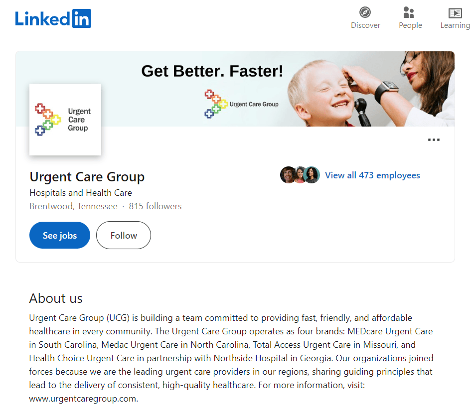 Urgent care clinic LinkedIn page