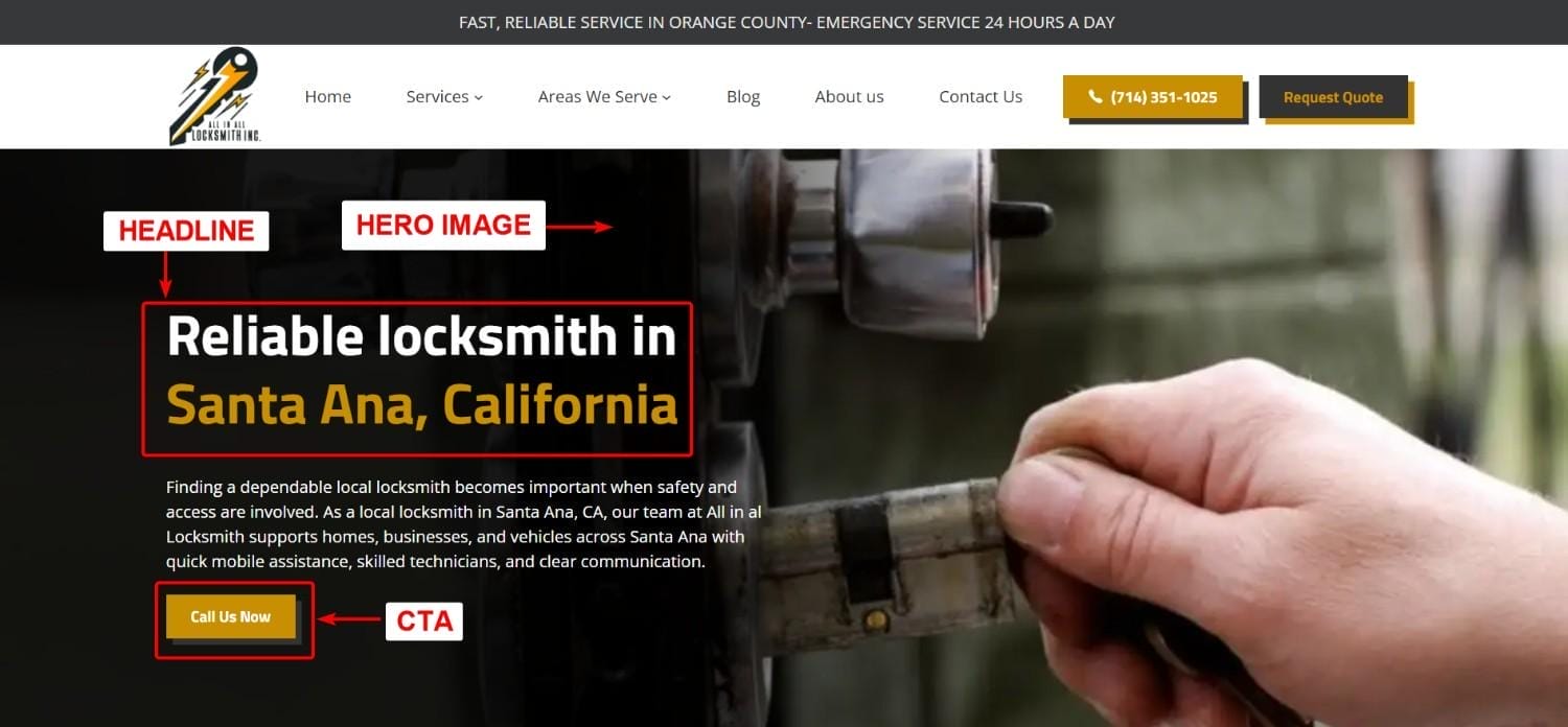 Headline, CTA, Hero Image Section Landing Page Sample for a Locksmith Business