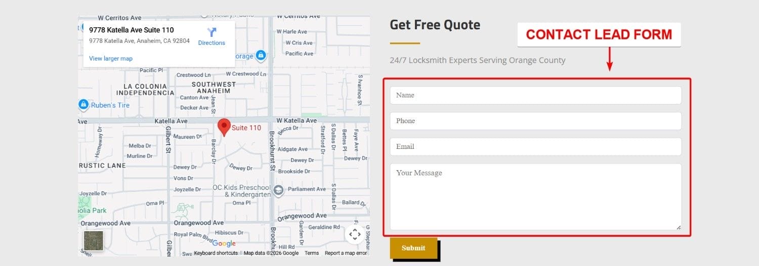 Contact Lead Form Section Landing Page Sample for a Locksmith Business