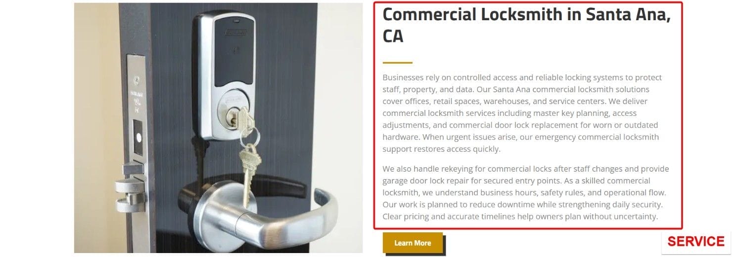 Services Section Landing Page Sample for a Locksmith Business