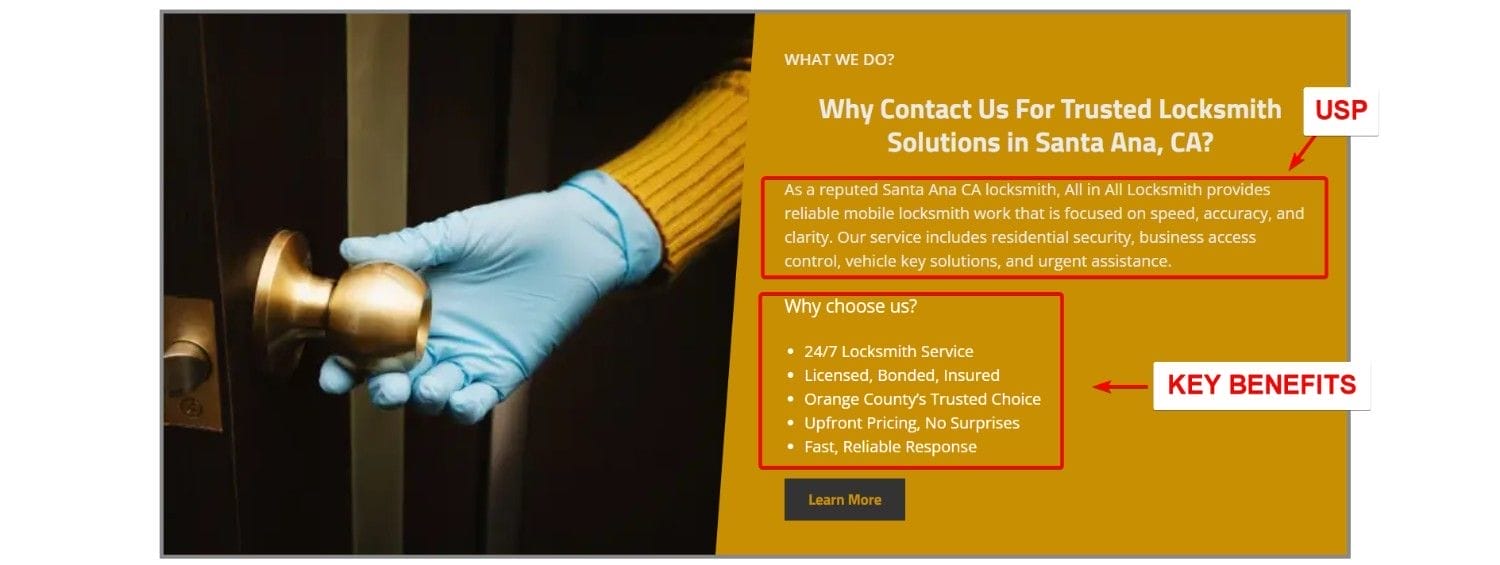 USP and Key Benefits Section Landing Page Sample for a Locksmith Business