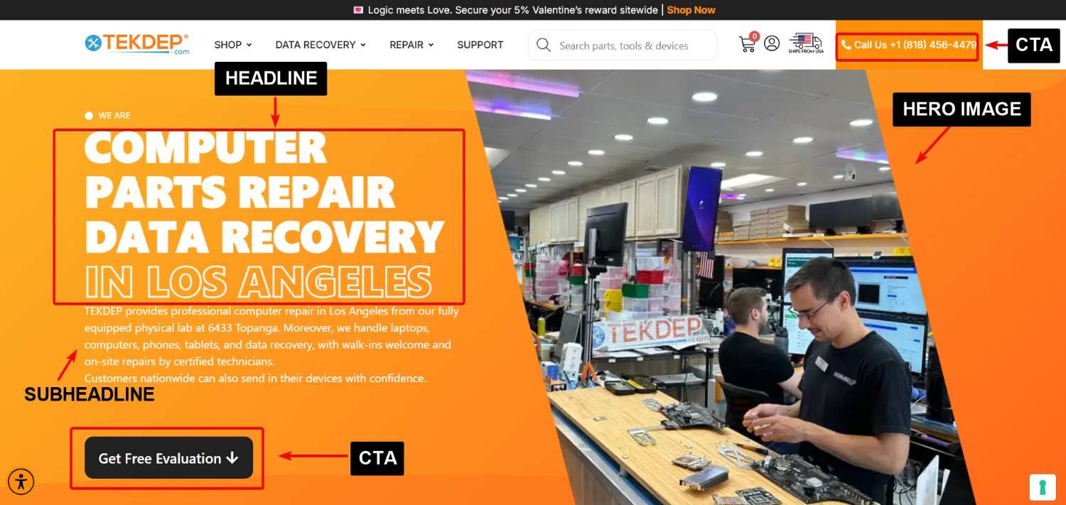 Computer Repair Services Landing Page Above-the-fold (Hero Image, CTA, Headline) Sample
