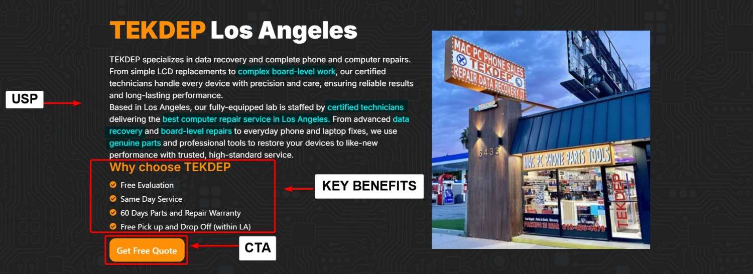 Computer Repair Services Landing Page Unique Selling Proposition Sample