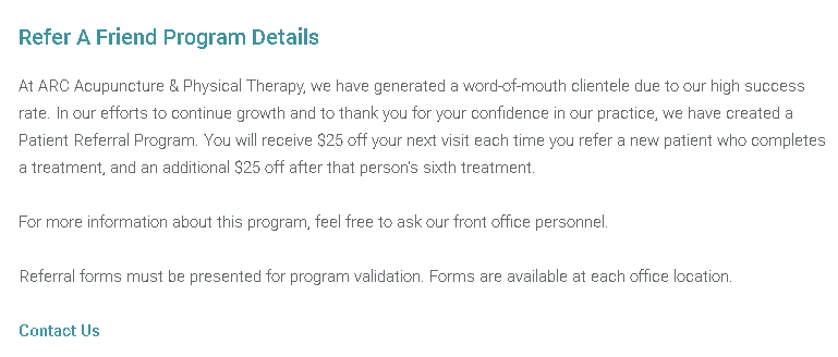 Referral discounts from a physical therapy clinic