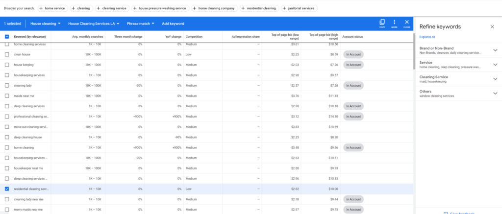 Keyword Planner for House Cleaning Google Ads