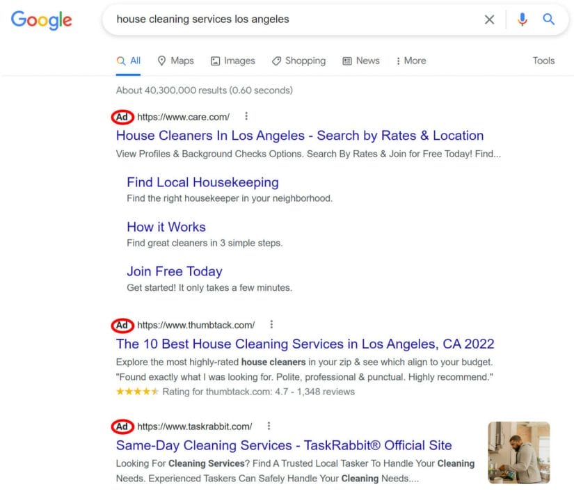 Top results on Google's SERP for house cleaning services