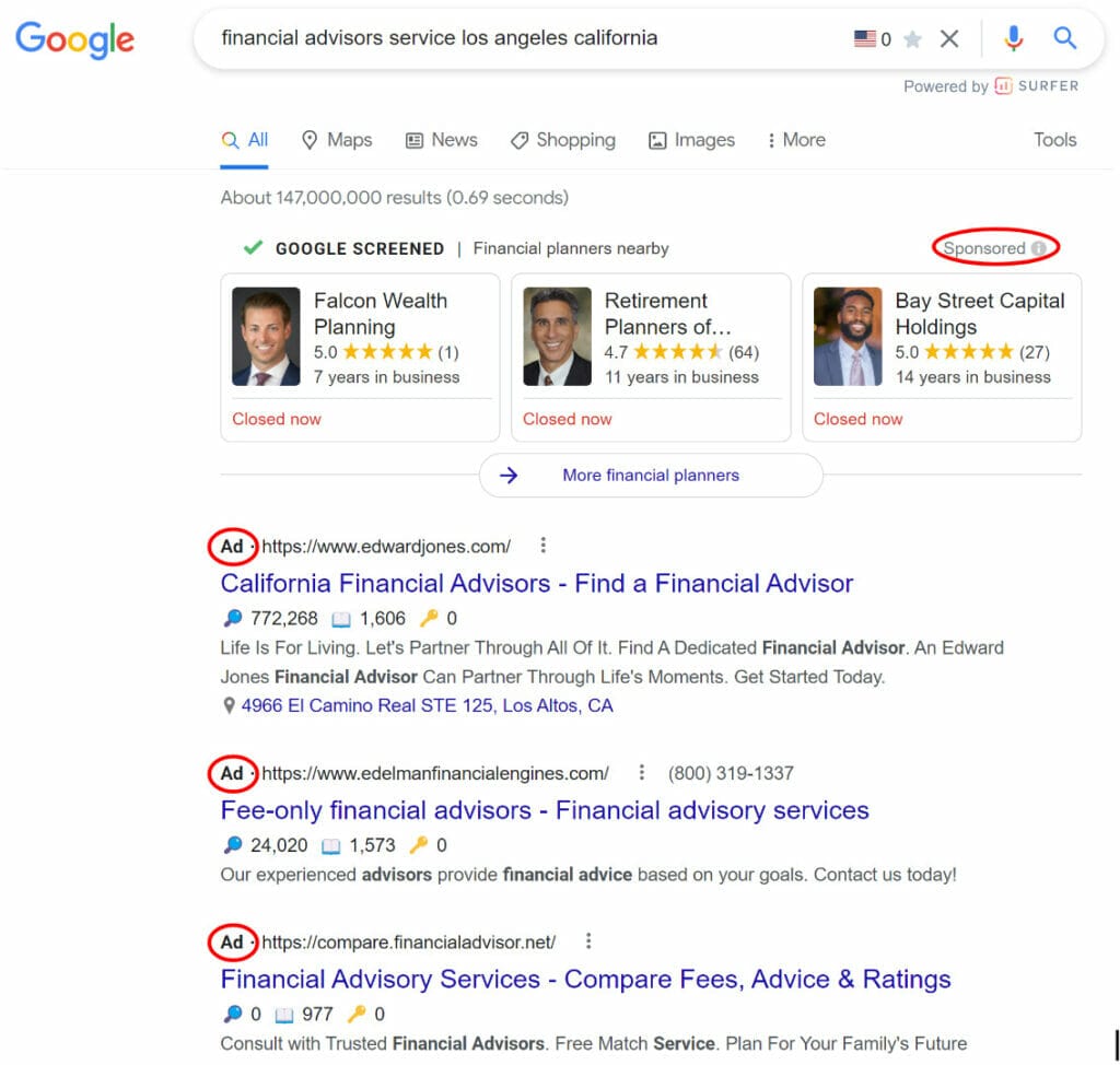 Top results on Google's SERP for financial advisors in Los Angeles