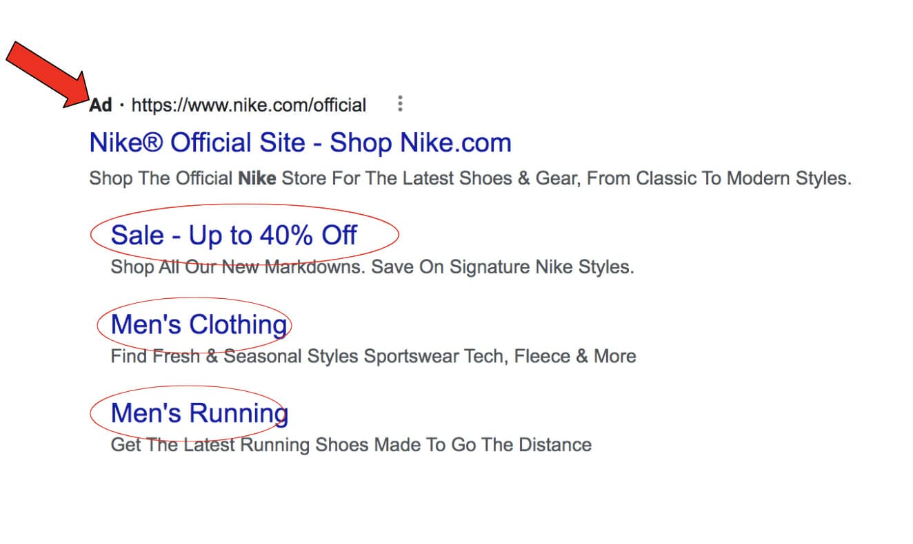 screenshot of sitelink extension ad