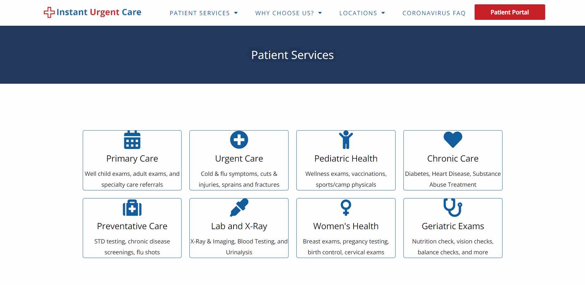 Urgent care website homepage