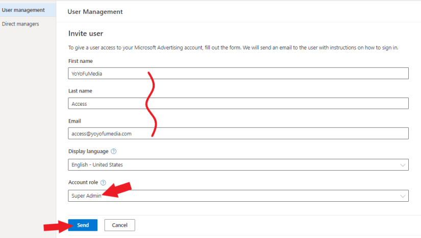 input user details to share access on your microsoft ads account