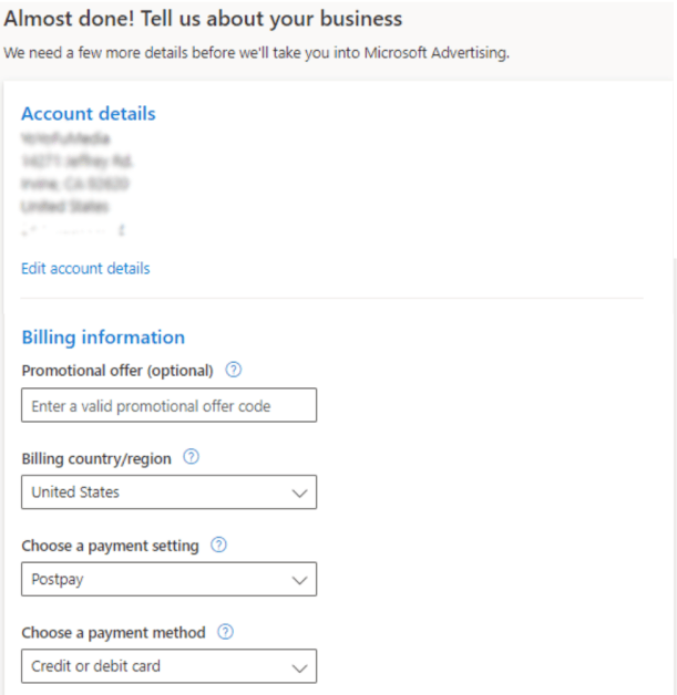 billing information for microsoft ads account