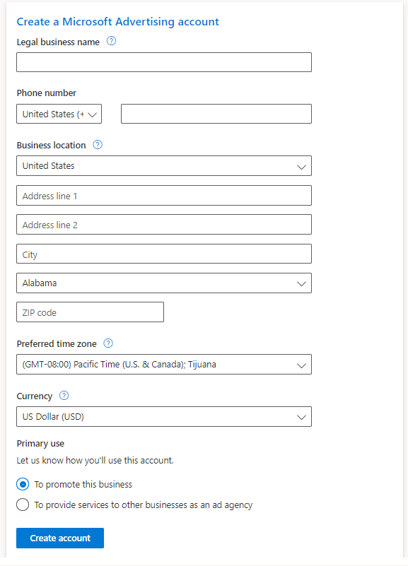 input business details on microsoft advertising account