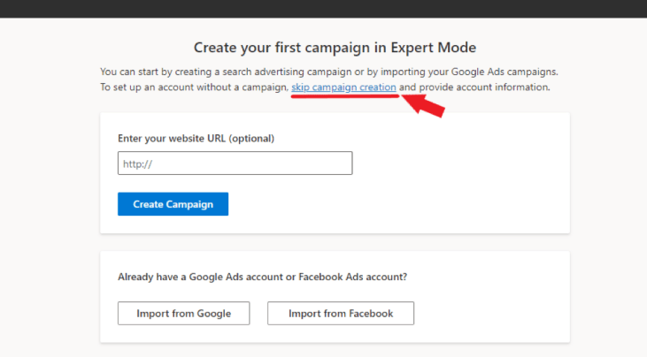 skip campaign creation for microsoft ads