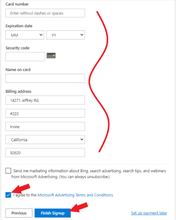 credit card details for microsoft ads account