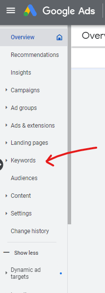 Select keywords from Google Ads dashboard