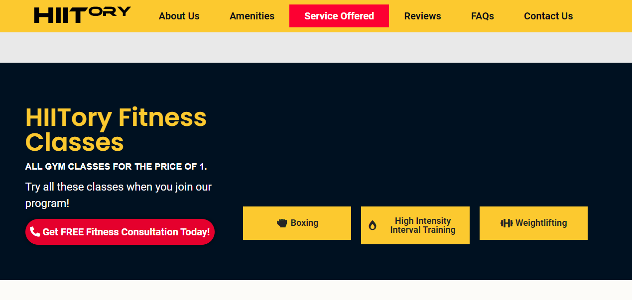 Landing page from a fitness gym website