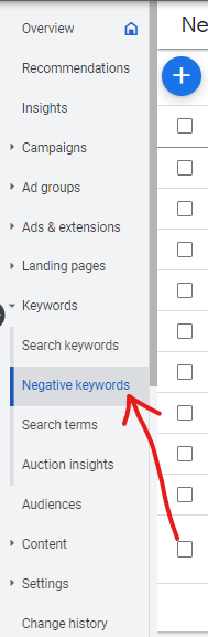 Negative keywords from Google Ads dashboard