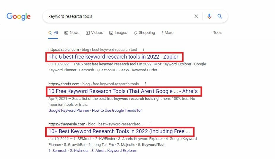 Google SERP for the plural version of a keyword