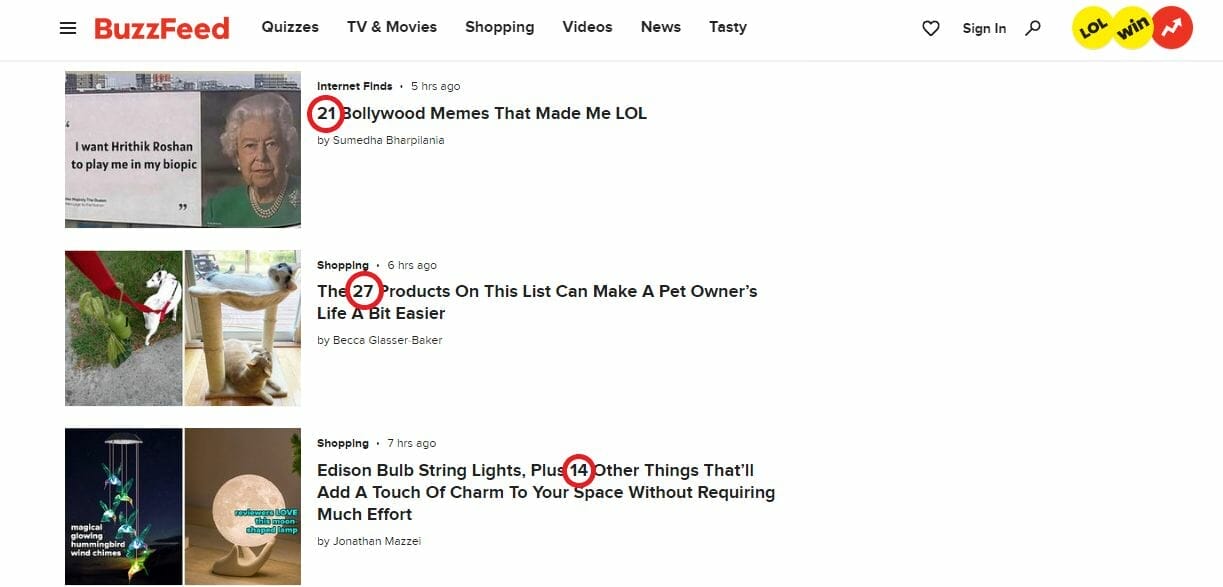 Headlines that have numbers from Buzzfeed.com