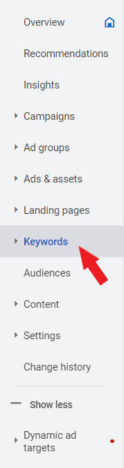 Arrow pointed at keywords tab under Google Ads dashboard