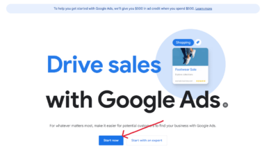 Start now Google Ads page (March 2023)