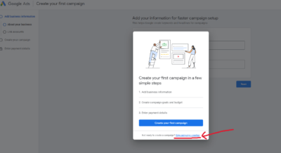 Skip campaign creation Google Ads popup message