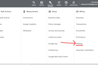 Click on "Billing" to set up Google Ads payment 