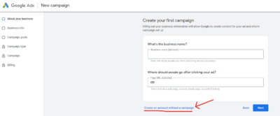 Create an account without campaign