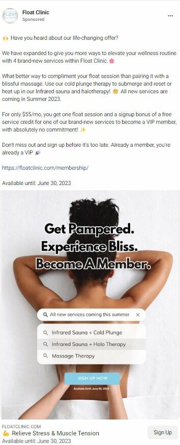 Massage therapy clinic ad on Facebook