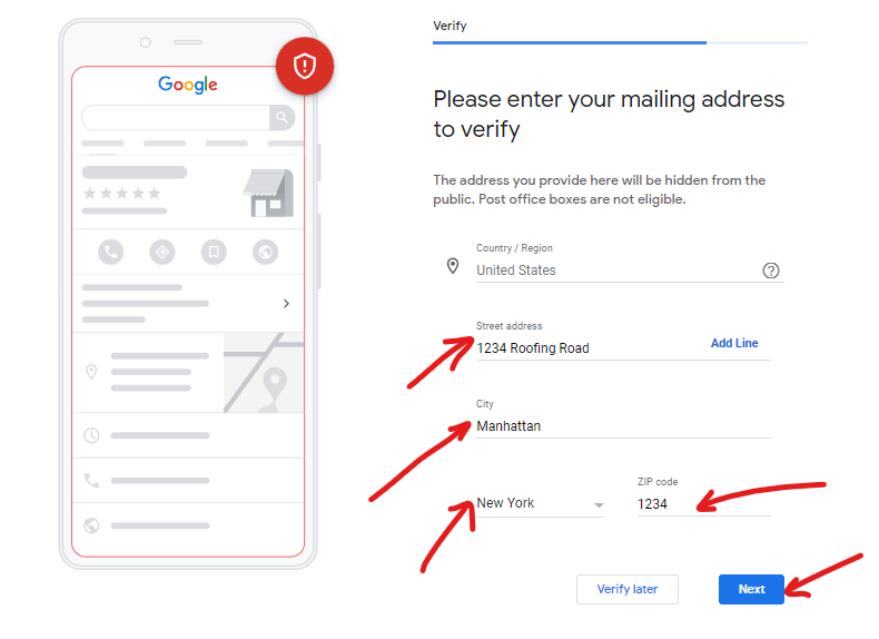 Entering the mailing address for your Google My Business Profile