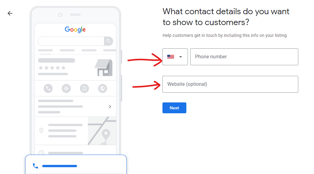 Entering contact details for a Google My Business Profile