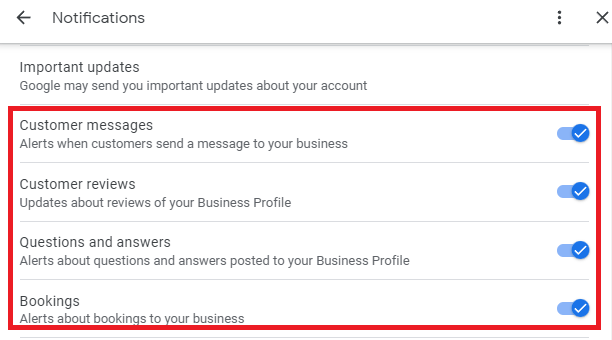 Switch on all notifications on Google My Business