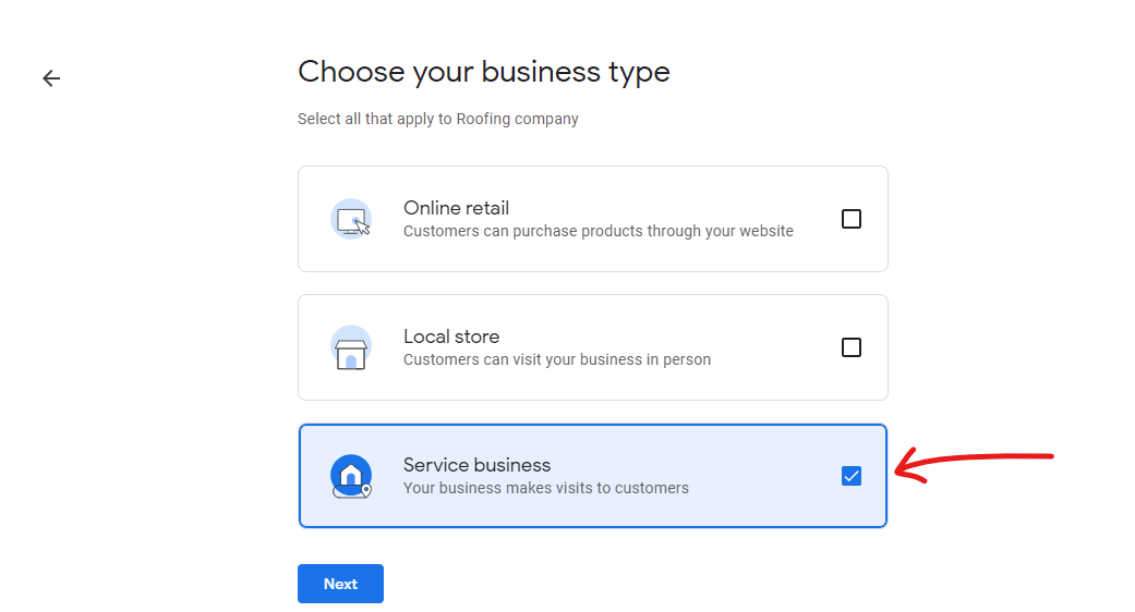 Choosing a business type on Google My Business
