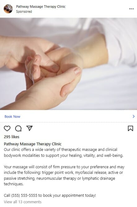 Massage therapy clinic ad on Instagram