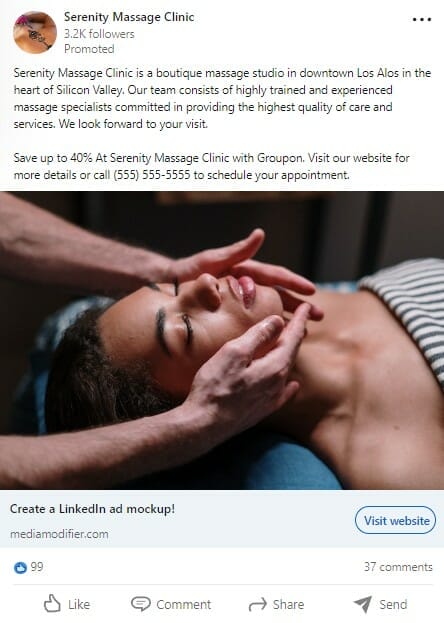 Massage therapy clinic ad on LinkedIn