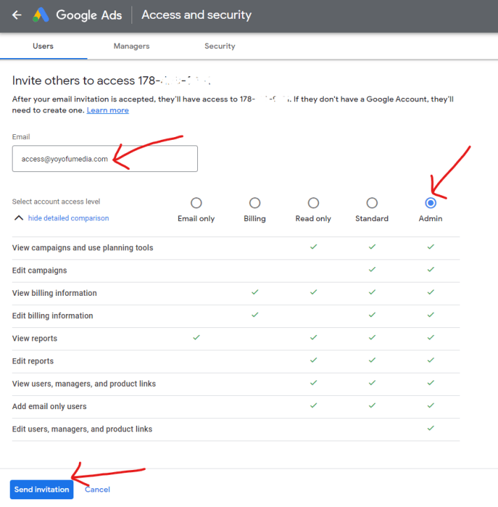 Give admin access on your Google Ads account